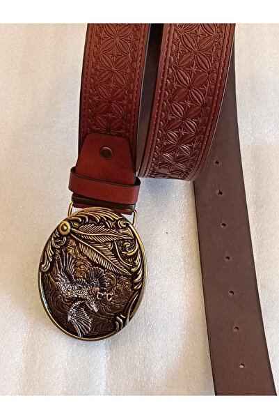 Butik Tülin حزام بإبزيم رعاة البقر من الجلد الصناعي الأصلي للجنسين مطبوع بني ...