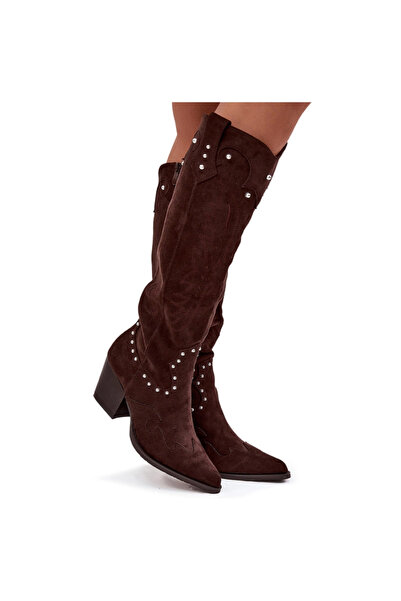 BOTO Cizme Femei Din Piele Pentru Cowboy Cu Decorație Pe Toc Ciocolată Darell...