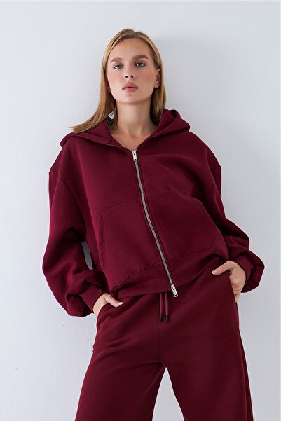 The Champ Clothing Women's Oversized Zip Hoodie Burgundy – Zippered, Hooded , Kangru Pocket, 3 Thread Ş Fleece-Lined Fleece