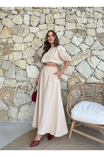 Buklemoda Crop Blouse and Skirt Bottom Top Set Beige