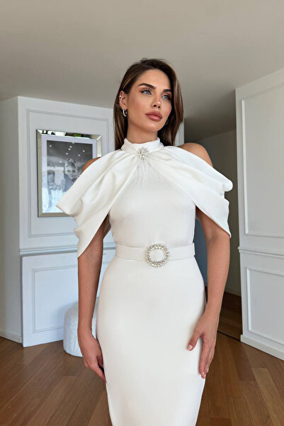 Neşeli Butik Women's Shoulder Detailed Buckle Belt Midi Length Dress Nbnc110095