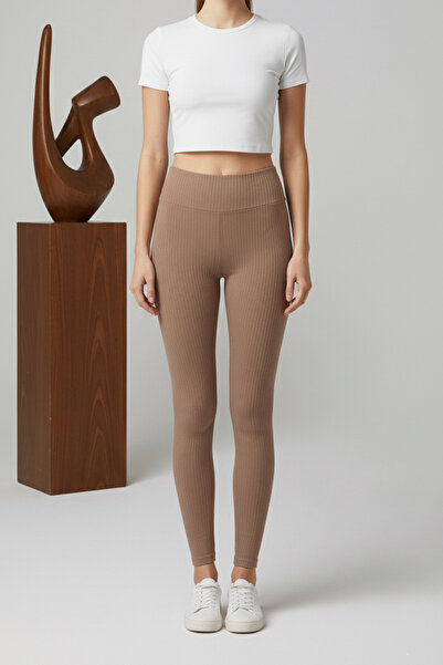 TOFİSA High Waist Corded Fabric Ribbed Knit Leggings Tan - 27951-Taba