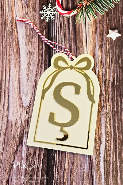 PEKSHOP Initial Letter Window Model Bow Christmas Tree Ornament - Gold Initial Letter and Bow Design New Year Ornament