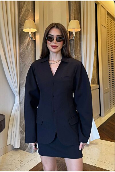 FMN Moda Mini Skirt Pocket Detail Shoulder Pad Balloon Sleeves V-Neck Stitching Button Open Design Equivalent Premium Jacket Suit