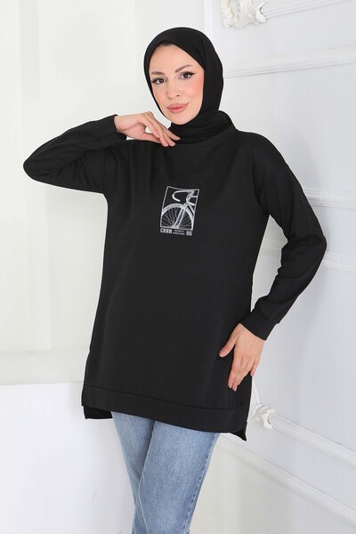 TOFİSA Modal Tunic with Slit Print Detail on the Sides Black - 27922-Black