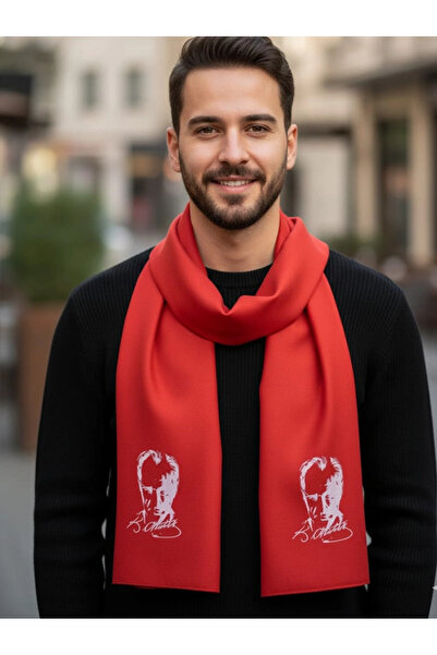 Elit Scarf وشاح مطبوع عليه صورة أتاتورك - أحمر