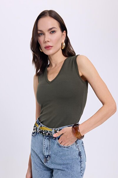 Tudors Women's Slim Fit Slim Fit V-Neck Zero Sleeve Cotton Ribbed Khaki Blouse