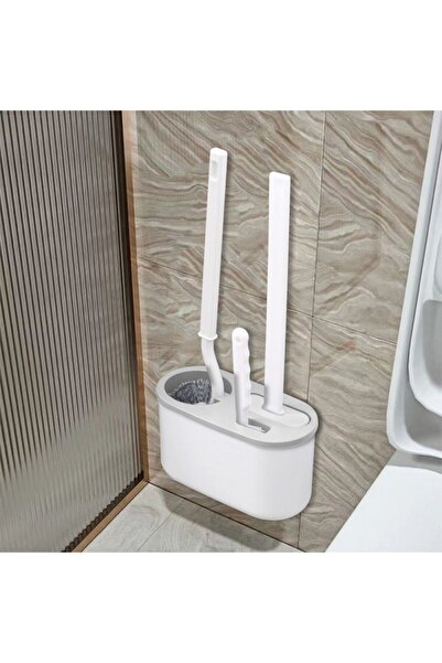 Flippy Set of 3 Silicone Toilet Brushes with Flexible Head & Adhesive Wall Mount, Gray/White