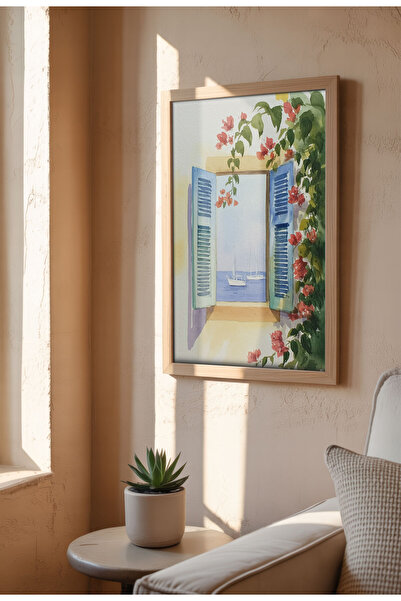 21mxm Poster pânză pentru fereastră fără ramă - Imprimeu digital în stil acuarelă - Obloane albastre, flori