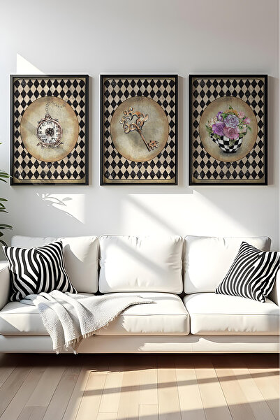 huhuli Vintage Detaylı Ahşap Siyah Çerçeveli Tablo Seti Huhu532