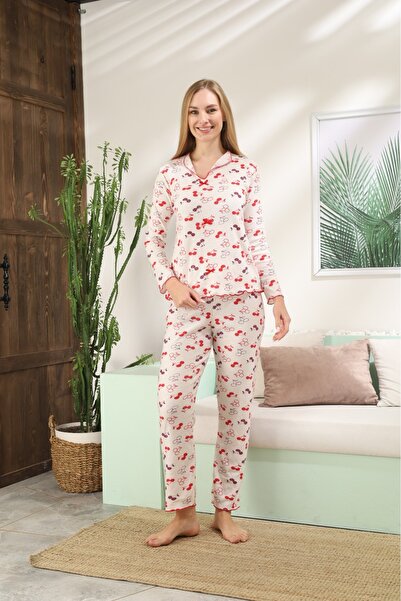 LİLA İÇ GİYİM Interlock Patterned Long Sleeve Pajama Set with Cherries and Bows