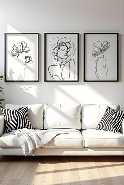 huhuli Ahşap Siyah Çerçeveli Minimalist Line Art 3'lü Tablo Seti Huhu534