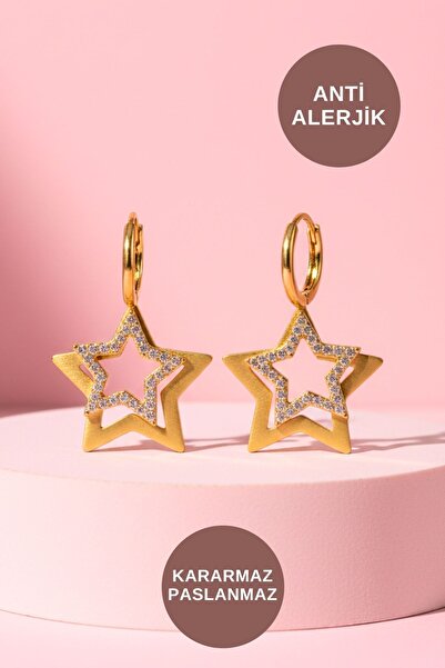 ALEXANDER HUD Kadın Antialerjik Suya Dayanıklı Kararmaz Günlük Altın Parlak Taşlı Yıldız Çelik Küpe