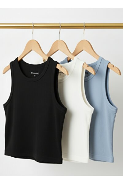 bumerangspor Women's Ribbed Knit Fabric Wide Strap Crop 3-Piece Set