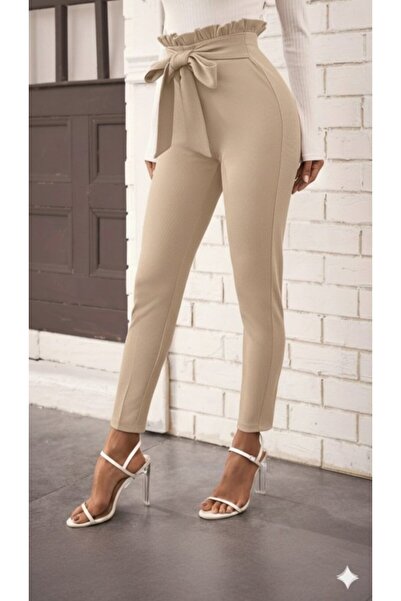Nnstartshopping Women's High Waist Ruffled Front Tie Imported Crepe Pants