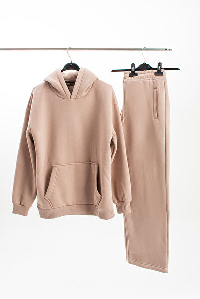 grand coco Men's Oversized 3 Thread Ş Fleece-Lined Beige Tracksuit Set