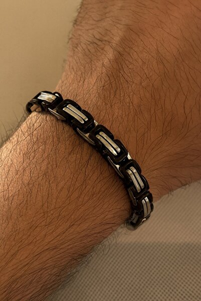 TAKIŞTIR Silver and Black Color Chain Detailed Steel Men's Bracelet