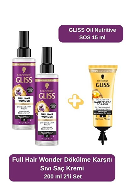 Gliss Full Hair Wonder Dökülme Karşıtı Sıvı Saç Kremi 200 ml 2'li Set + Oil N...