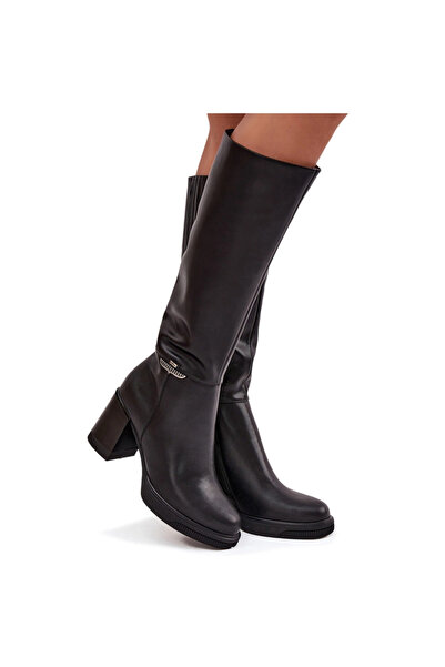 Vinceza Botine muschetară pentru femei din piele naturală cu toc încălzit 66826 Negru 39