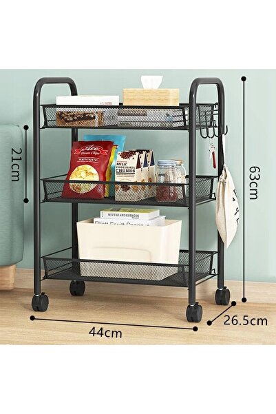 MACVI ® Kitchen Cart, 3 Shelves, Black Painted Metal, 63x44x26 cm.