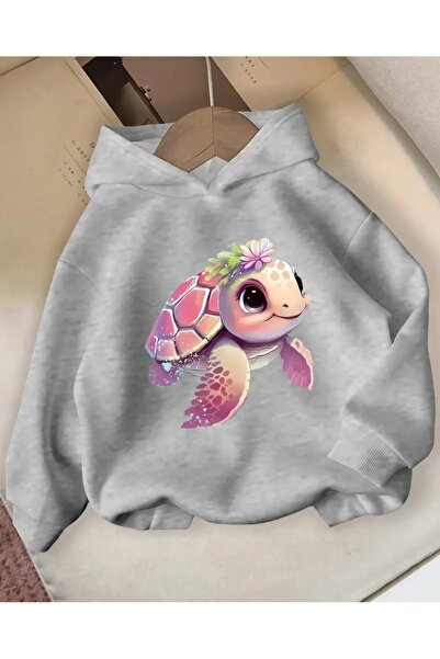 oneagılyazı Floral Patterned Printed Hooded Sweatshirt with Cute Turtle Print