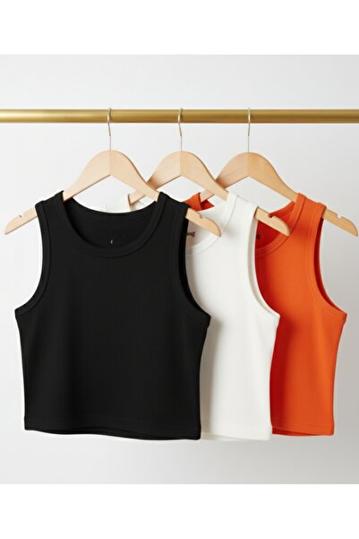 bumerangspor Women's Ribbed Knit Fabric Wide Strap Crop 3-Piece Set