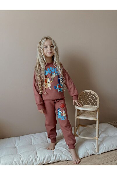 Patriko Girl's Bluey Character Printed Detailled Inner Fleece Lined Winter New Season Bottom and Top Set