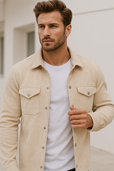 Rich Men's Beige Suede Thick Shirt Double Pocket Detailed Transitional Jacket
