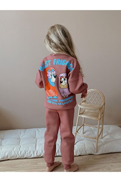 Patriko Girl's Bluey Character Printed Detailled Inner Fleece Lined Winter New Season Bottom and Top Set