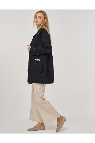 Kayra Women's Embroidered Detailed Short Trench Coat 14018