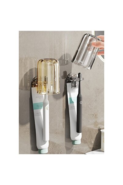 Flippy 2-in-1 Multifunctional Cup and Toothbrush Holder, Plastic, 10.4 x 7.3 x 7.3 cm, Brownish Yell