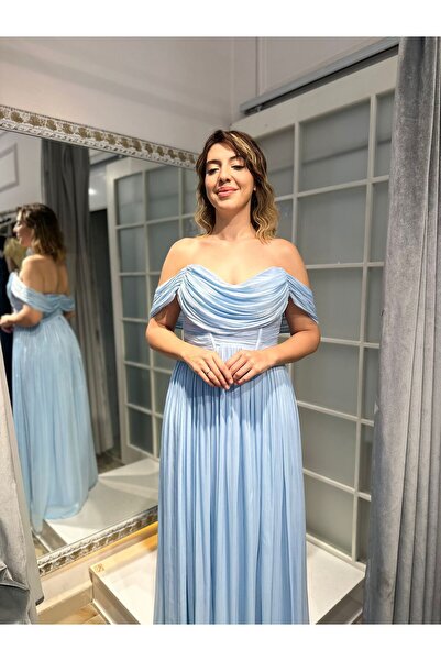 Abiye's BEBE MAVİSİ KLOŞ DÜŞÜK KOLU KORSELİ PARLAK KUMAŞ NİŞAN SÖZ İSTEME ELB...