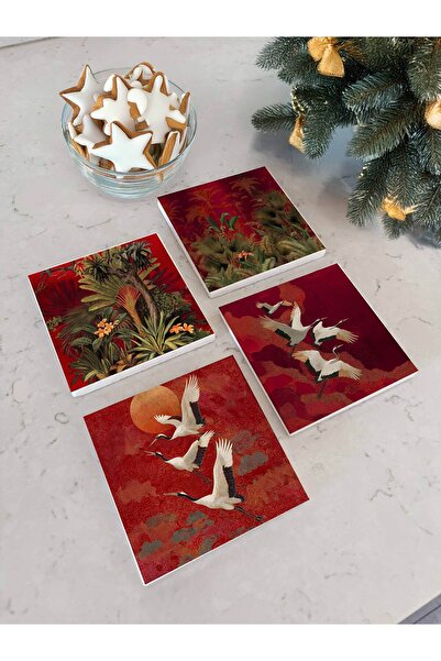 arslart حامل أكواب من الحجر الطبيعي بنمط طائر الكركي الأحمر والزهور الاستوائي...