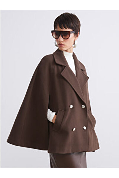 LC Waikiki Brown Double-Breasted Collar Women's Cashmere Poncho