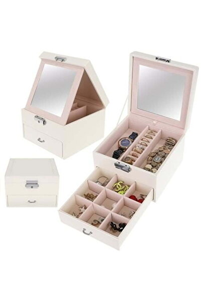 Selgot Jewelry box with mirror, drawer, faux leather, 31 x 16 x 25 cm, white