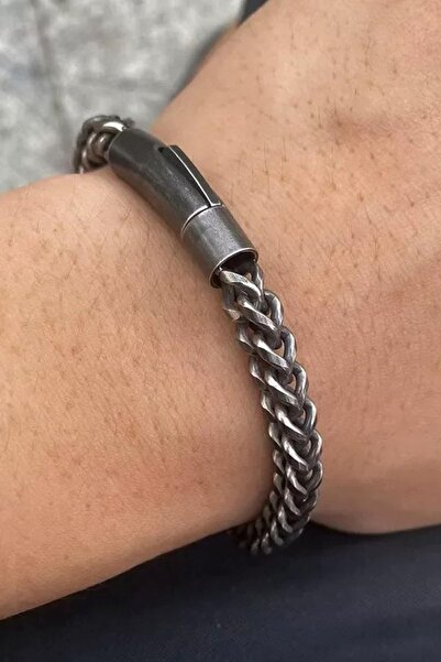 TAKIŞTIR Anthracite Color Chain Detailed Steel Men's Bracelet