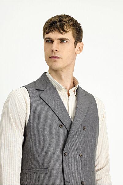 Kiğılı Yünlü Keten Karışımlı Klasik Kruvaze Yelek