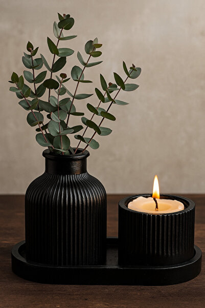 Store Siyah Fitilli Vazo, Mum ve Oval Tepsi 3'lü Set - Modern Dekoratif Ev Aksesuarı