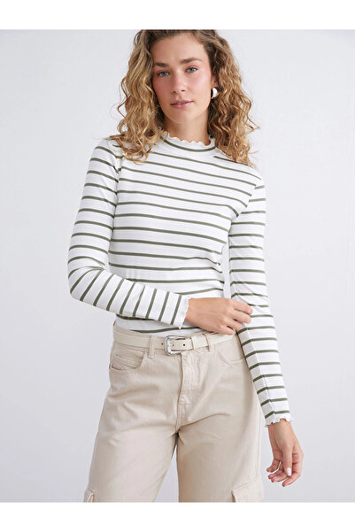 LC Waikiki LCW Modest Yeşil Fırfırlı Dik Yaka Çizgili Kadın Body