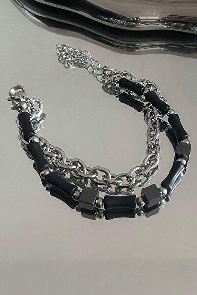 TAKIŞTIR Mixed Color Chain and Bead Detailed Steel Men's Bracelet