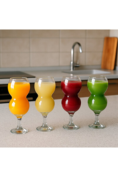 Lüks Sepeti Bila - 4 Pieces Stylishly Designed Double Chamber Glass Cup Set, Juice, Cocktail Stemmed Glass - 380 ml