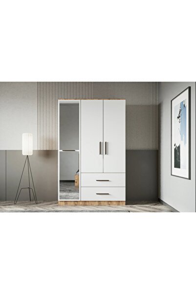 AVVİO Zita Serisi 3 Kapılı 2 Çekmeceli Aynalı Metal Kulplu Gardırop
