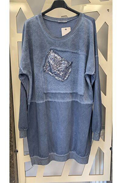 günay boutıque Payet Detaylı Mavi Oversize Sweatshirt / Tunik
