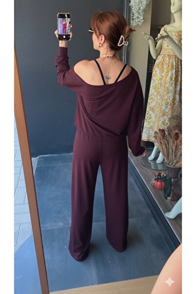 TUA MODA Tua Moda Women's Long Sleeve One Shoulder Open Viscose Two Thread Blouse and Pants Two-Piece Suit