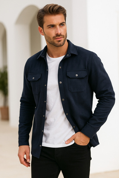 Rich Чоловіча темно-синя замшева сорочка з подвійними кишенями, сезонна куртка