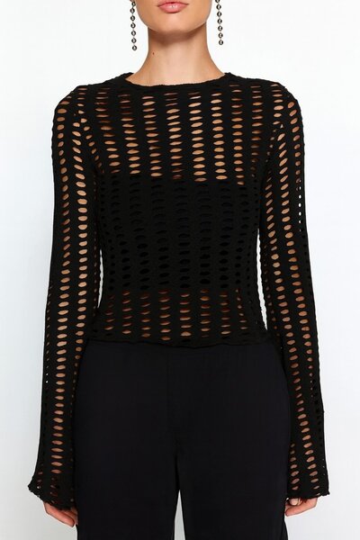 HAKKE Fileli İspanyol Kol Slim Fit Crop Bisiklet Yaka Örme BLUZ