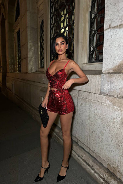 Neşeli Butik Women's Sequin Strap Crop Shorts Two-Piece Set Nbdf168