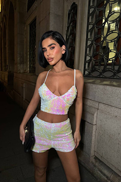 Neşeli Butik Women's Sequin Strap Crop Shorts Two-Piece Set Nbdf168