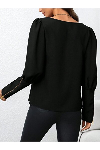 TUA MODA Tua Moda Women's Long Sleeve Crew Neck Zipper Detailed Imported Crepe Blouse