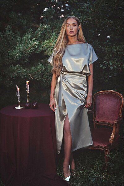 Made of Emotion M887 Satin dress with tie waist